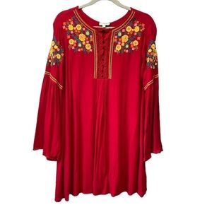 Umgee Red Floral Embroidered Lace Bell Sleeve Mini Dress Sz M
